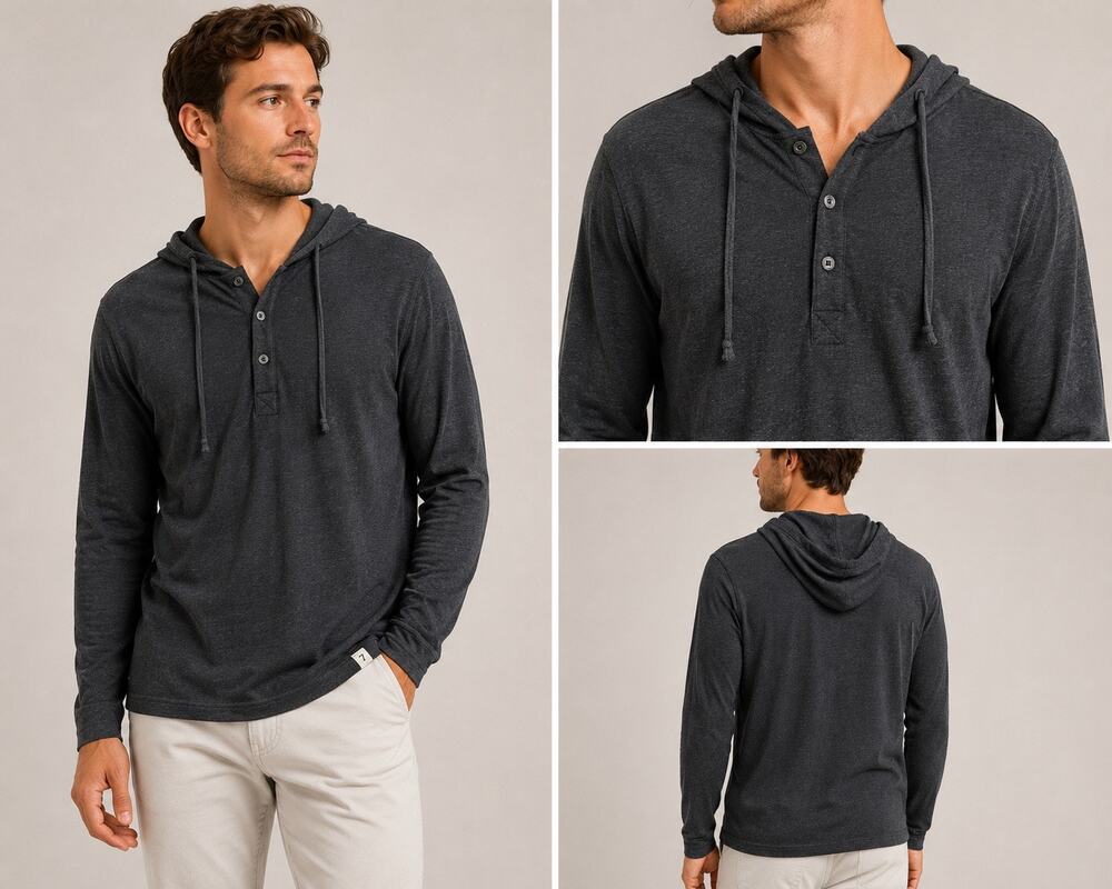 7 Diamonds Charcoal Hooded Henley Pullover Men’s L Long Sleeve Hoodie
